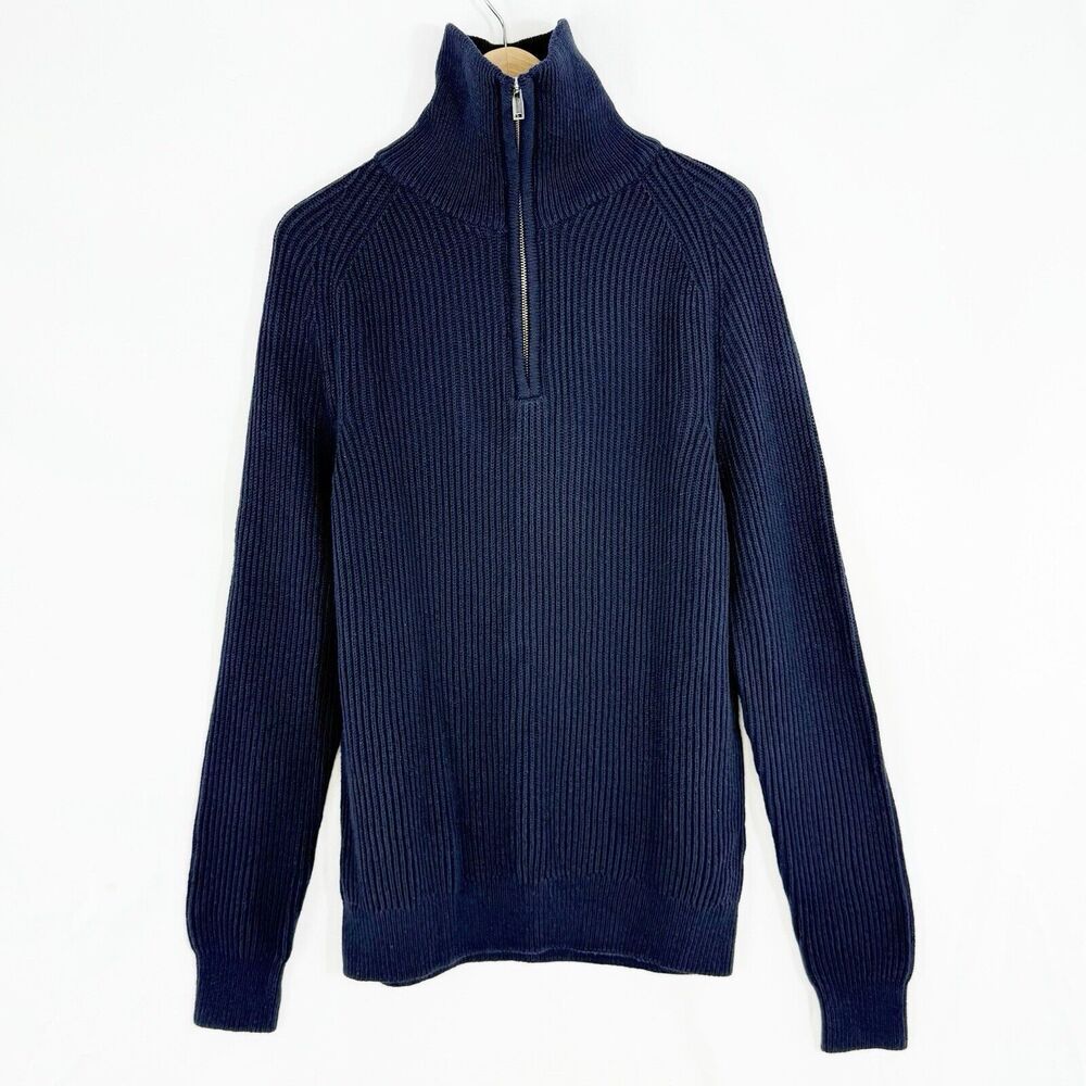 Mens Chunky NEXT Blue Waffle Knit Zip Neck Jumper L Large